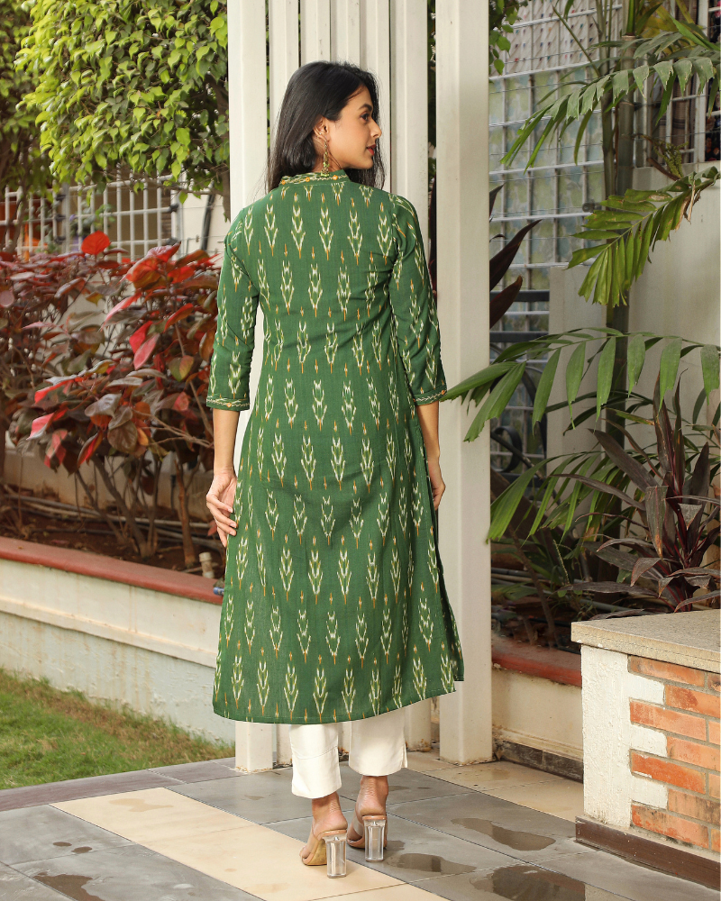 Green ikat overlapped V Collar kurta back view