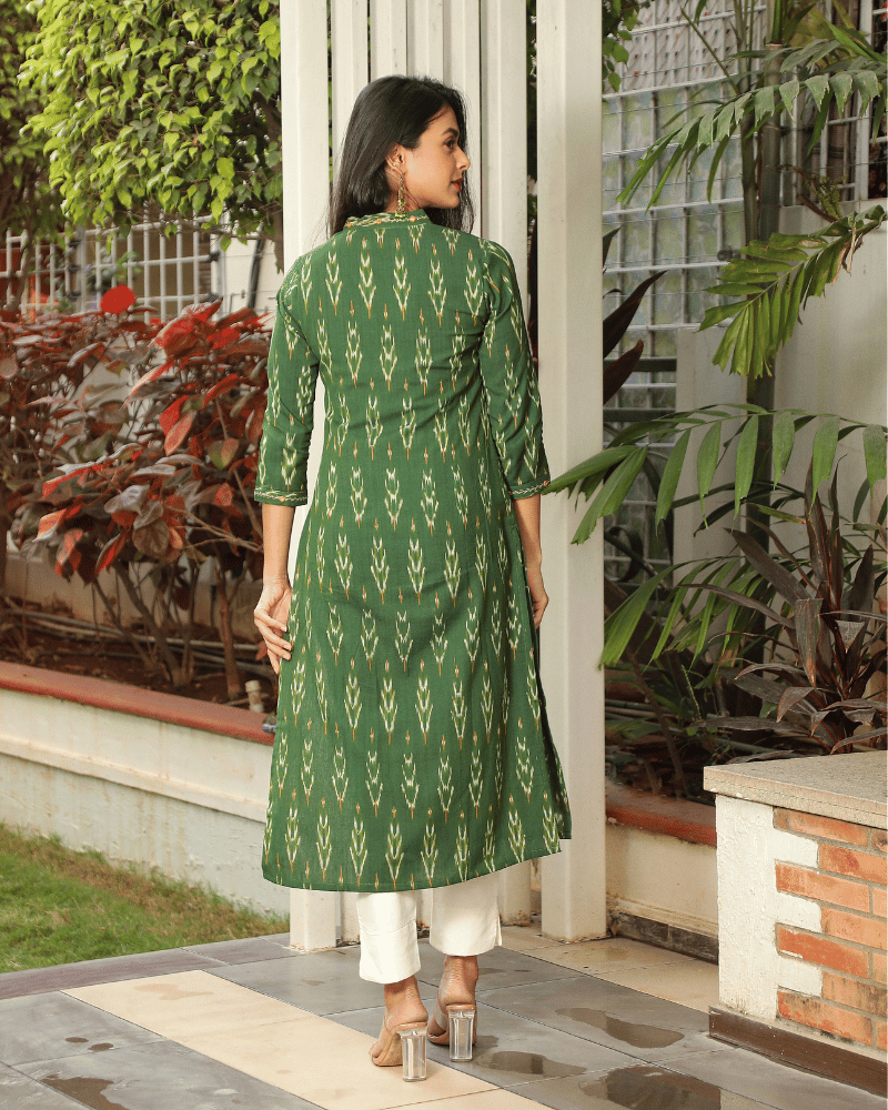 Green ikat overlapped V Collar kurta - Back