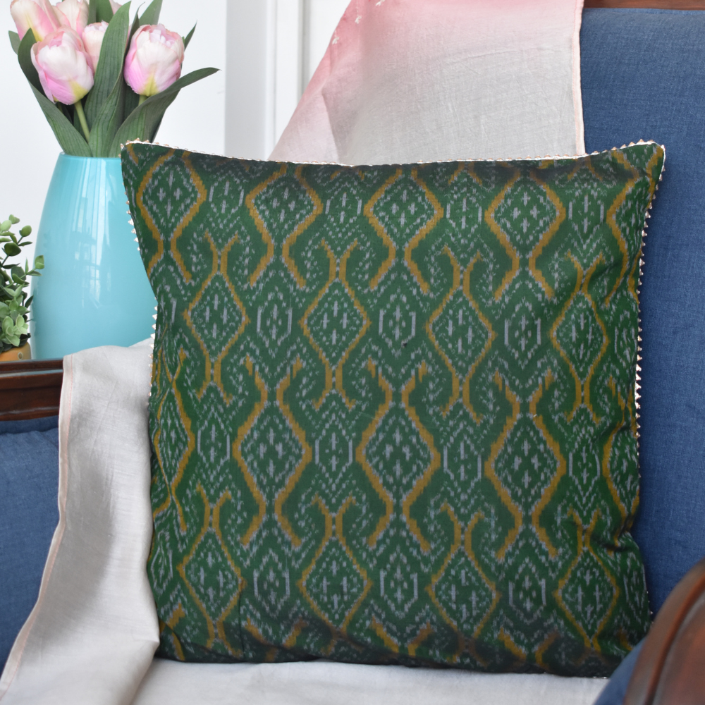 Green silk ikat cushion cover