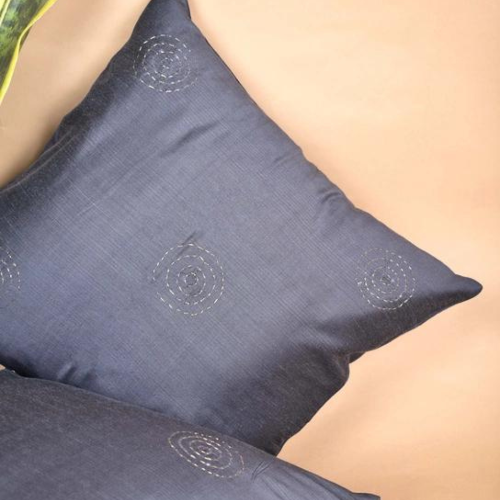 Grey Silk Cushion Cover With Round Embroidery