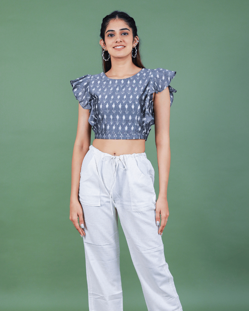 Grey Ikat Blouse With Frill Design - sleeveless
