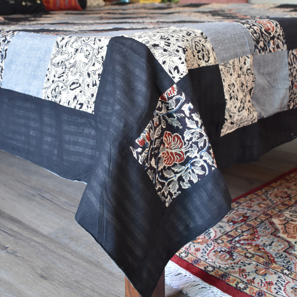 Kalamkari patchwork double bedcover in black