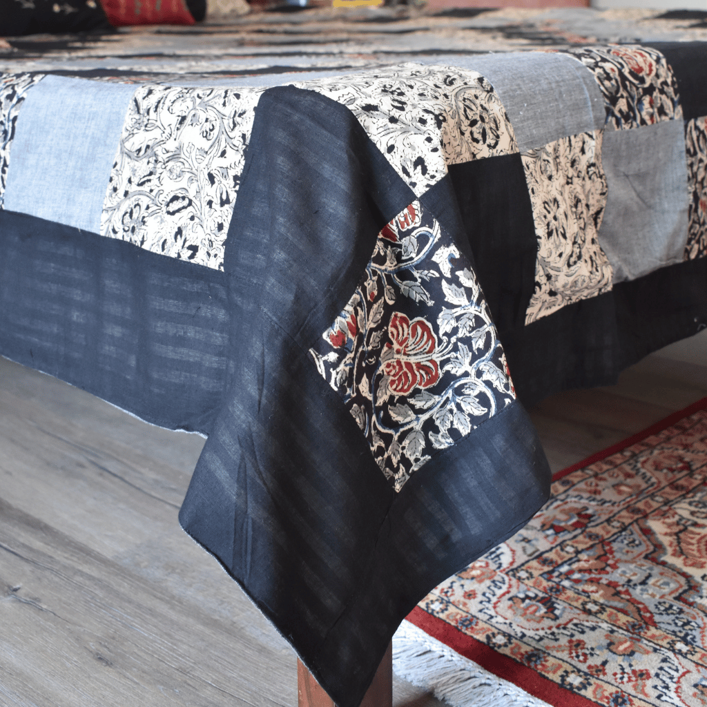 Kalamkari patchwork double bedcover in black 