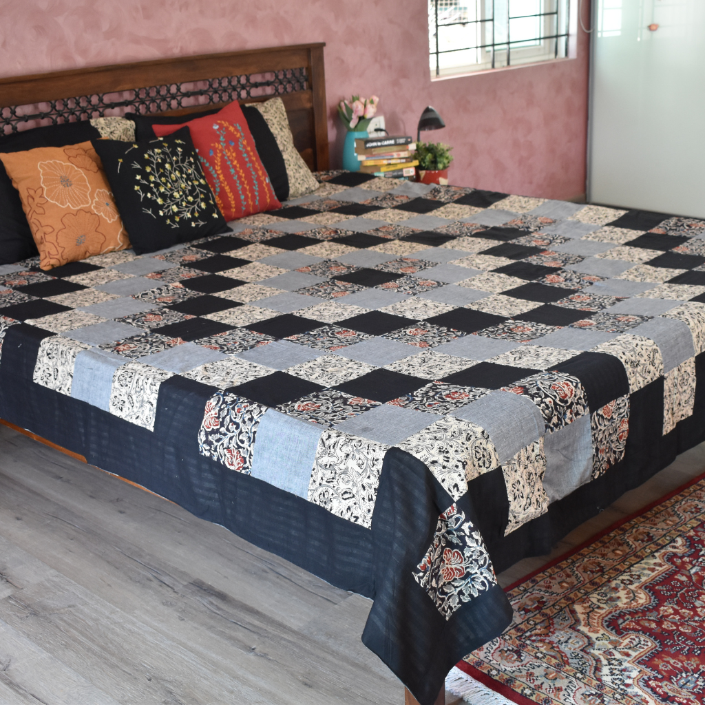 Kalamkari patchwork double bedcover in black