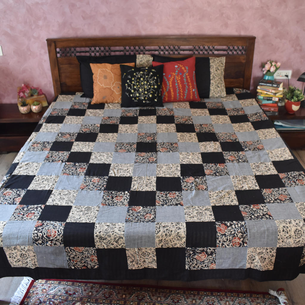 Kalamkari patchwork double bedcover in black