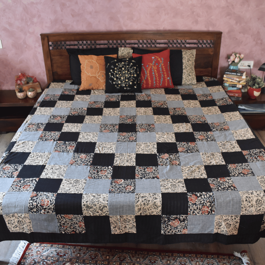 Kalamkari patchwork double bedcover in black - bedsheet