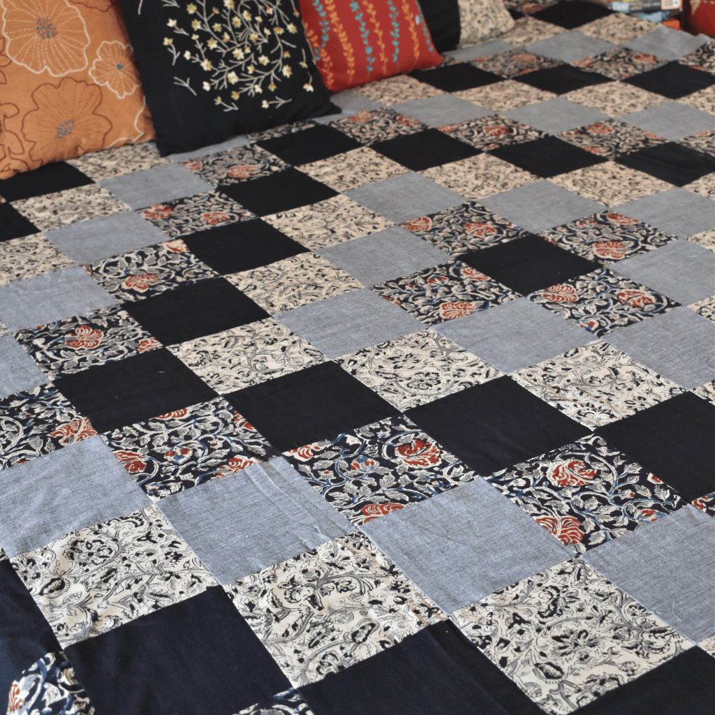Kalamkari patchwork double bedcover in black - cotton