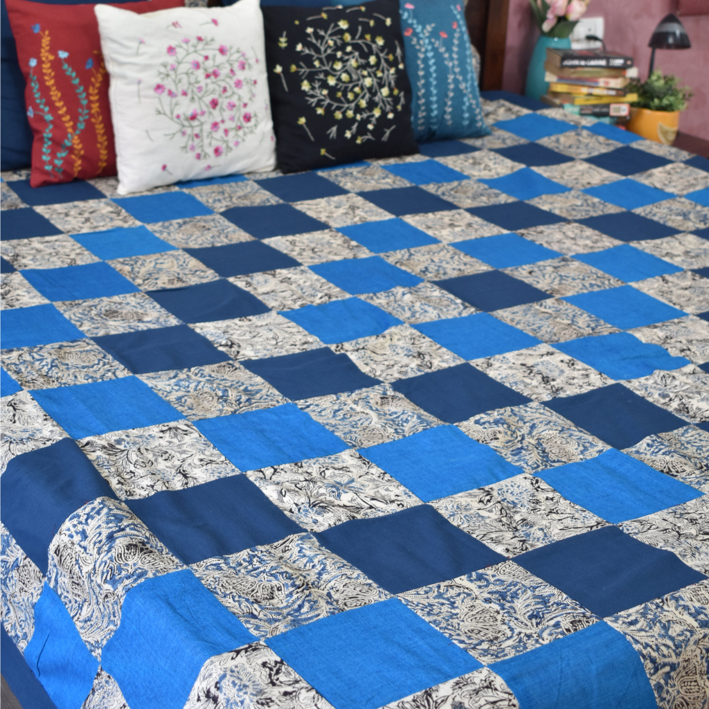 Kalamkari patchwork double bedcover in blue
