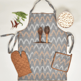 Apron, Oven Glove And Potholder Set In Grey cotton Ikat - Apron