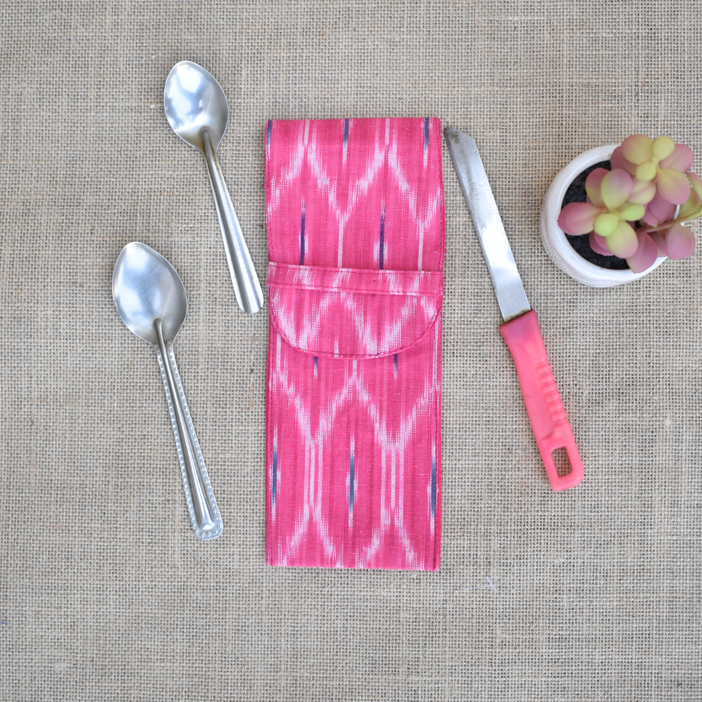 Travel cutlery pouch or reusable straw holder in pink ikat