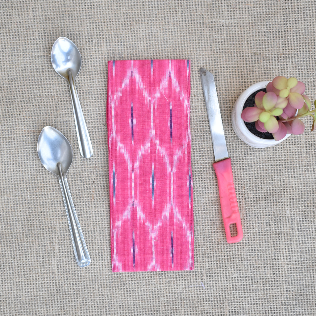 Travel cutlery pouch or reusable straw holder in pink ikat