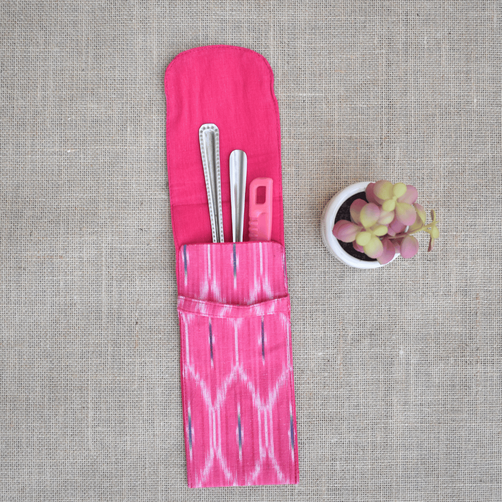 Pink ikat travel cutlery pouch - inside