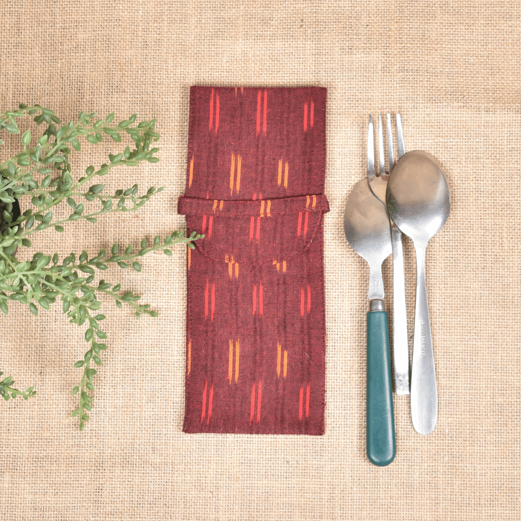 Maroon ikat travel cutlery pouch - front