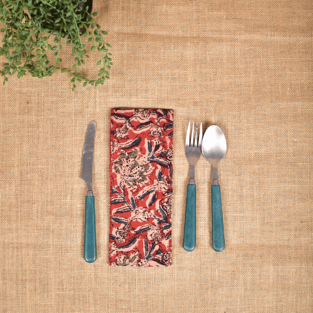 Travel cutlery pouch or reusable straw holder in Red kalamkari - back
