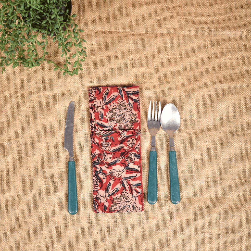 Travel cutlery pouch or reusable straw holder in Red kalamkari - front