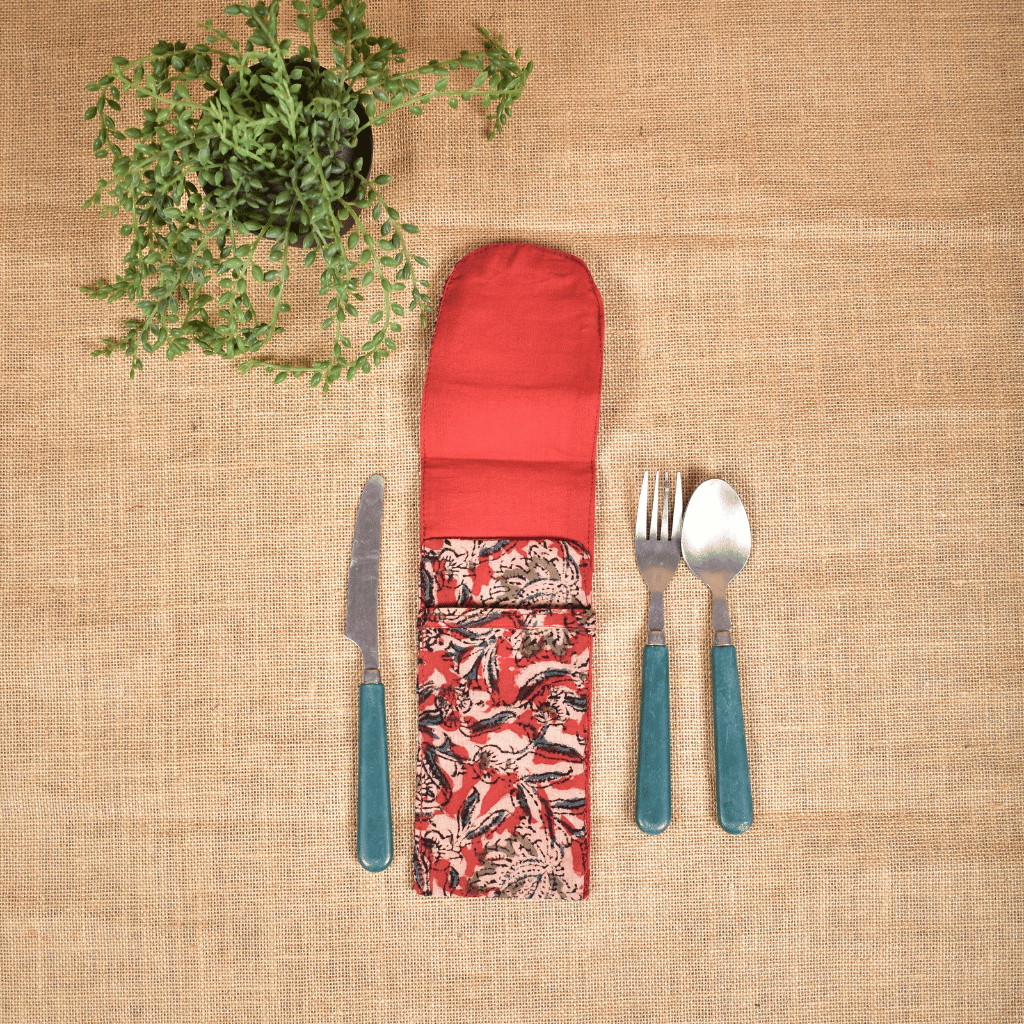 Travel cutlery pouch or reusable straw holder in Red kalamkari - inside