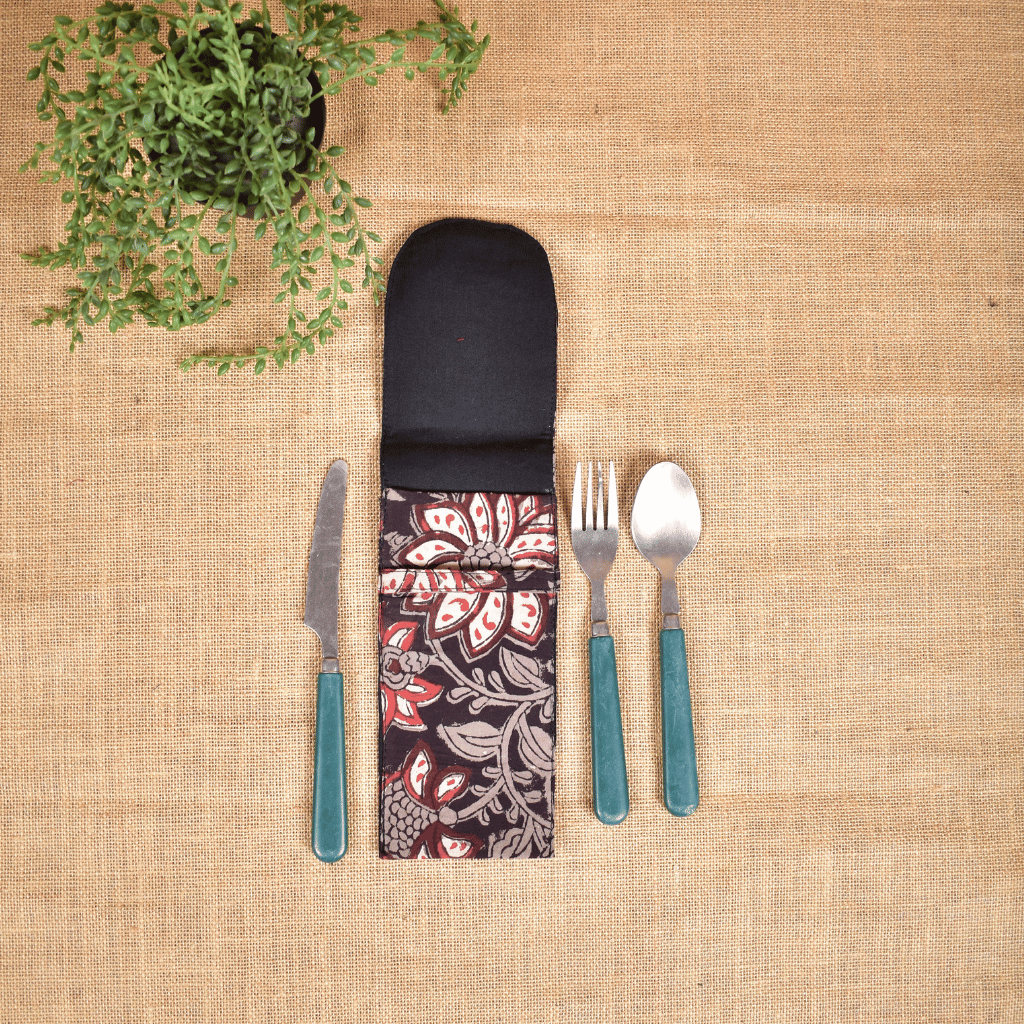 Travel cutlery pouch or reusable straw holder in Black kalamkari - inside