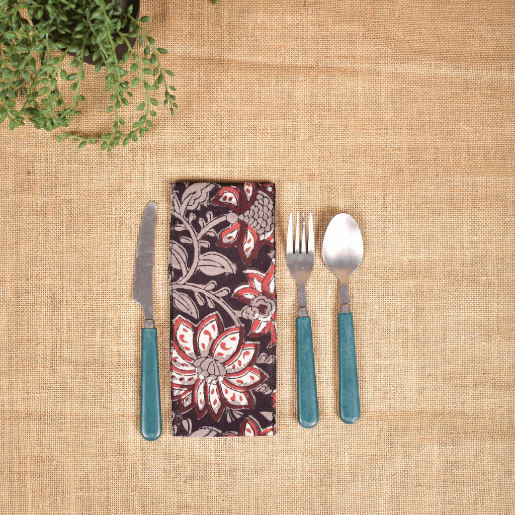 Travel cutlery pouch or reusable straw holder in Black kalamkari - back