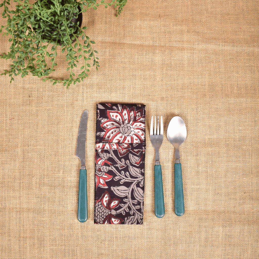 Travel cutlery pouch or reusable straw holder in Black kalamkari - front