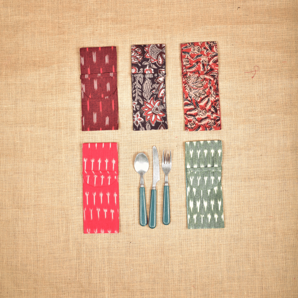 Travel cutlery pouch or reusable straw holder in ikat & kalamkari