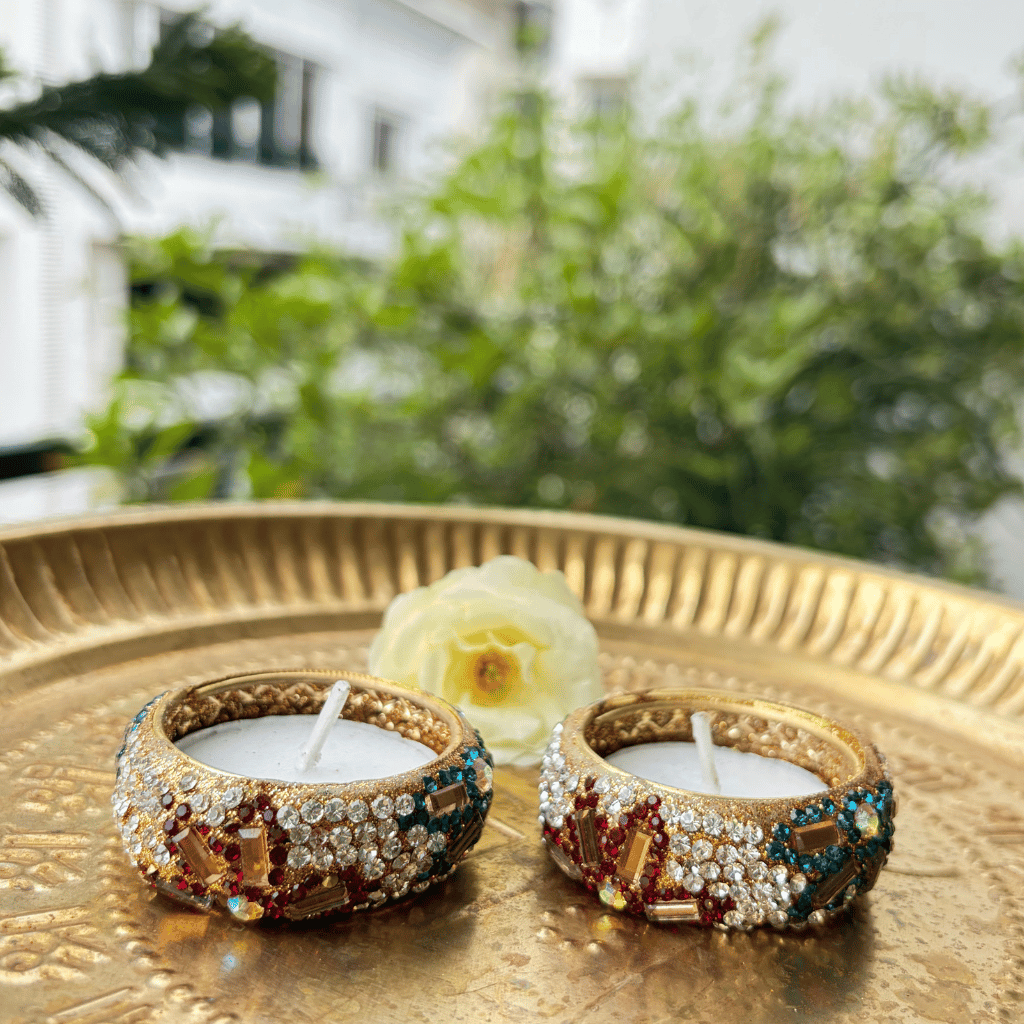 Blue and Maroon Stone Work Tealight Holders – Set of 2