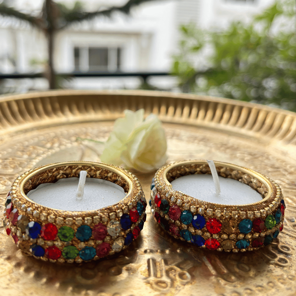 Multicolour Crystal Stone Handmade Tealight Holders – Set of 2