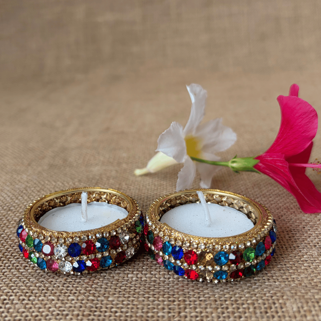 Multicolour Crystal Stone Handmade Tealight Holders – Set of 2