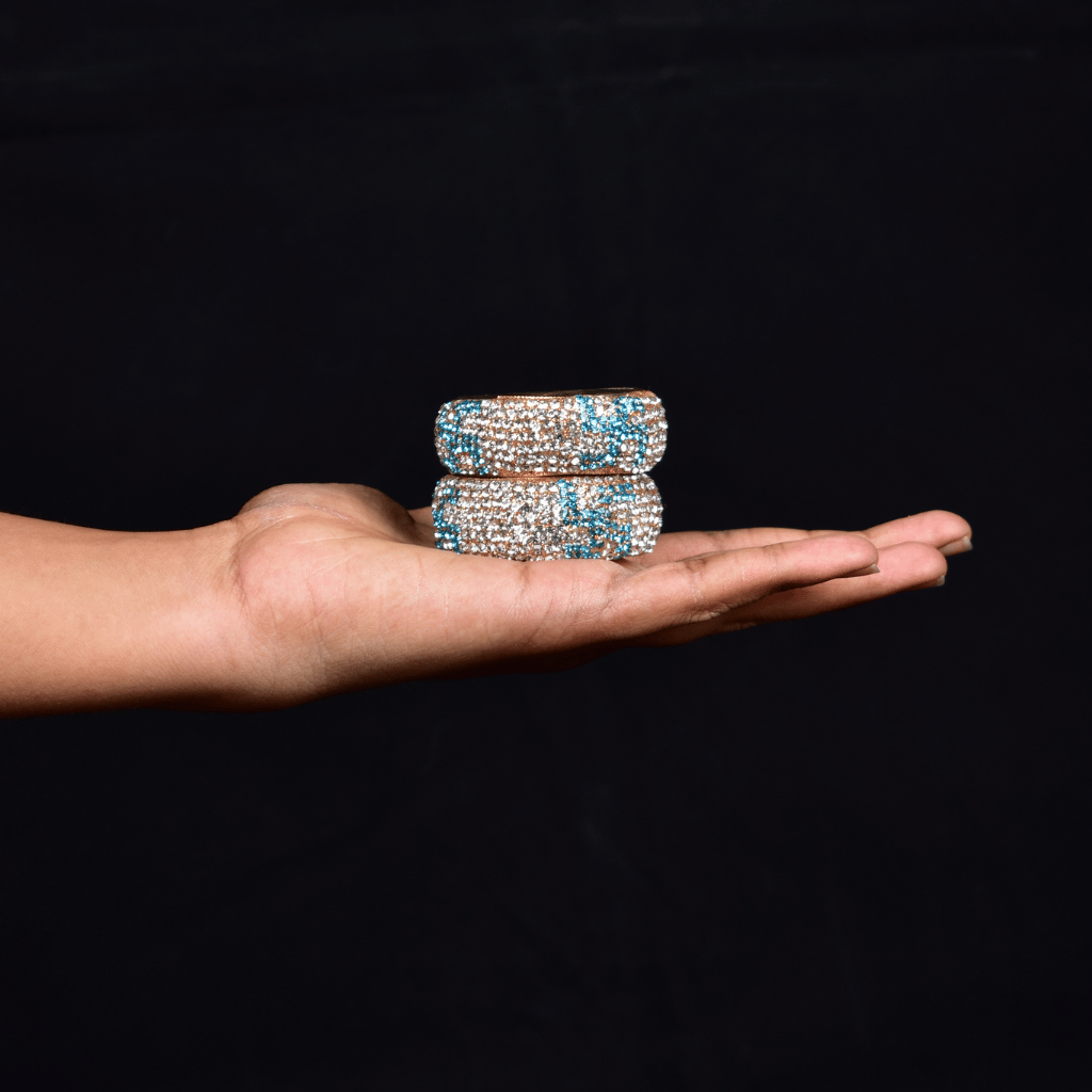 Blue and Silver Stone Work with swasthik Design Handmade Tealight Holders – Set of 2