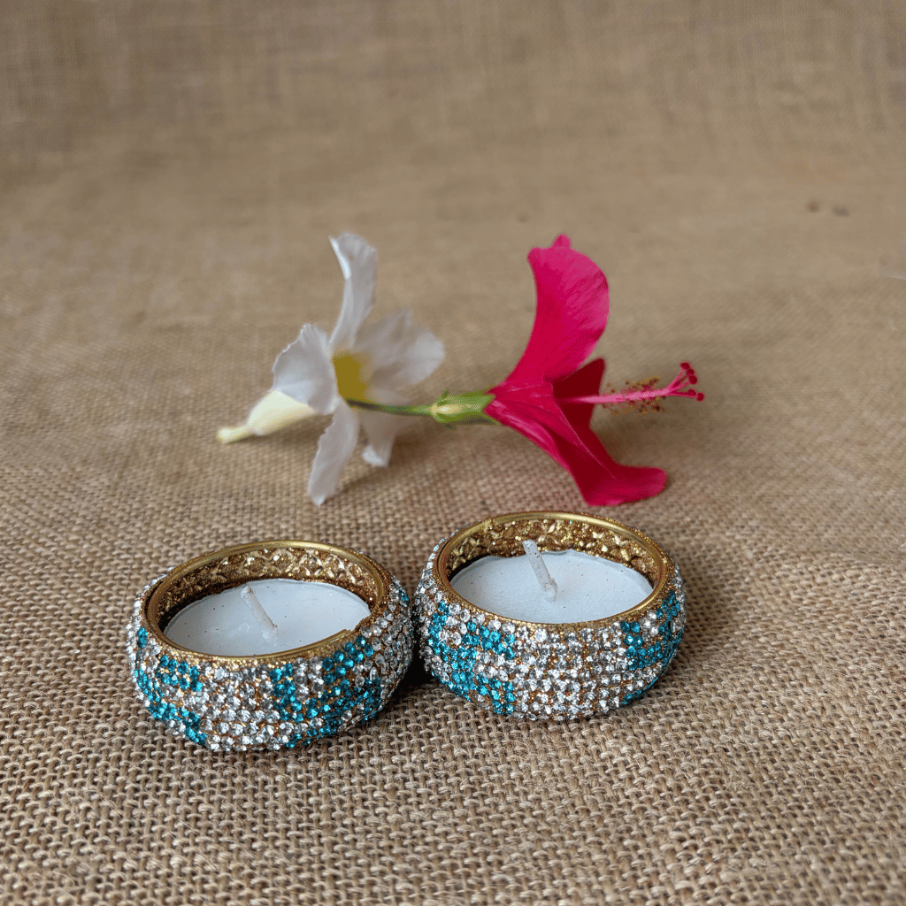 Blue and Silver Stone Work with swasthik Design Handmade Tealight Holders – Set of 2