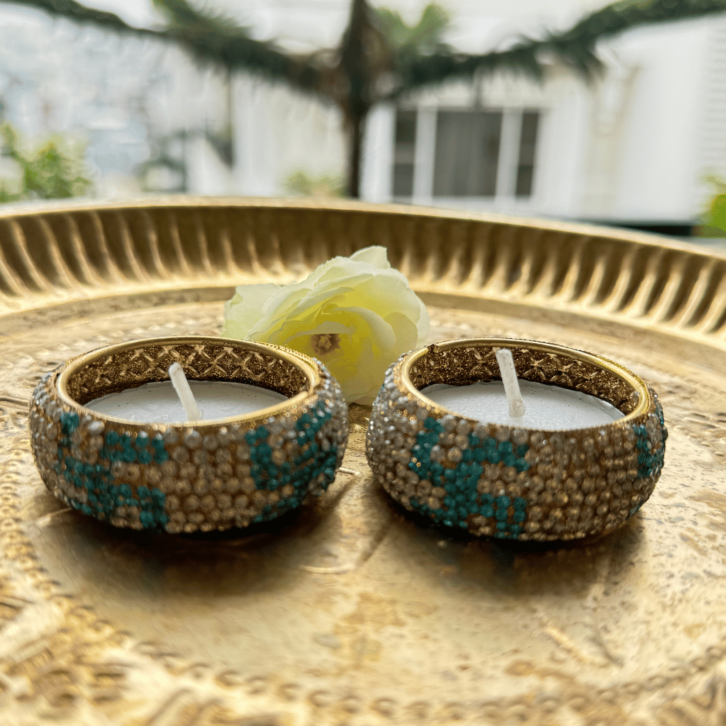 Blue and Silver Stone Work with swasthik Design Handmade Tealight Holders – Set of 2 