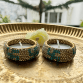Blue and Silver Stone Work with swasthik Design Handmade Tealight Holders – Set of 2 