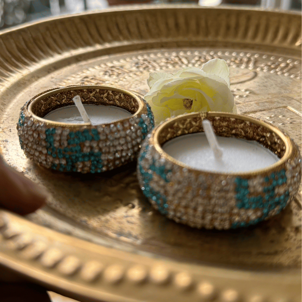 Blue and Silver Stone Work with swasthik Design Handmade Tealight Holders – Set of 2