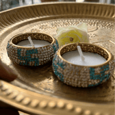 Blue and Silver Stone Work with swasthik Design Handmade Tealight Holders – Set of 2