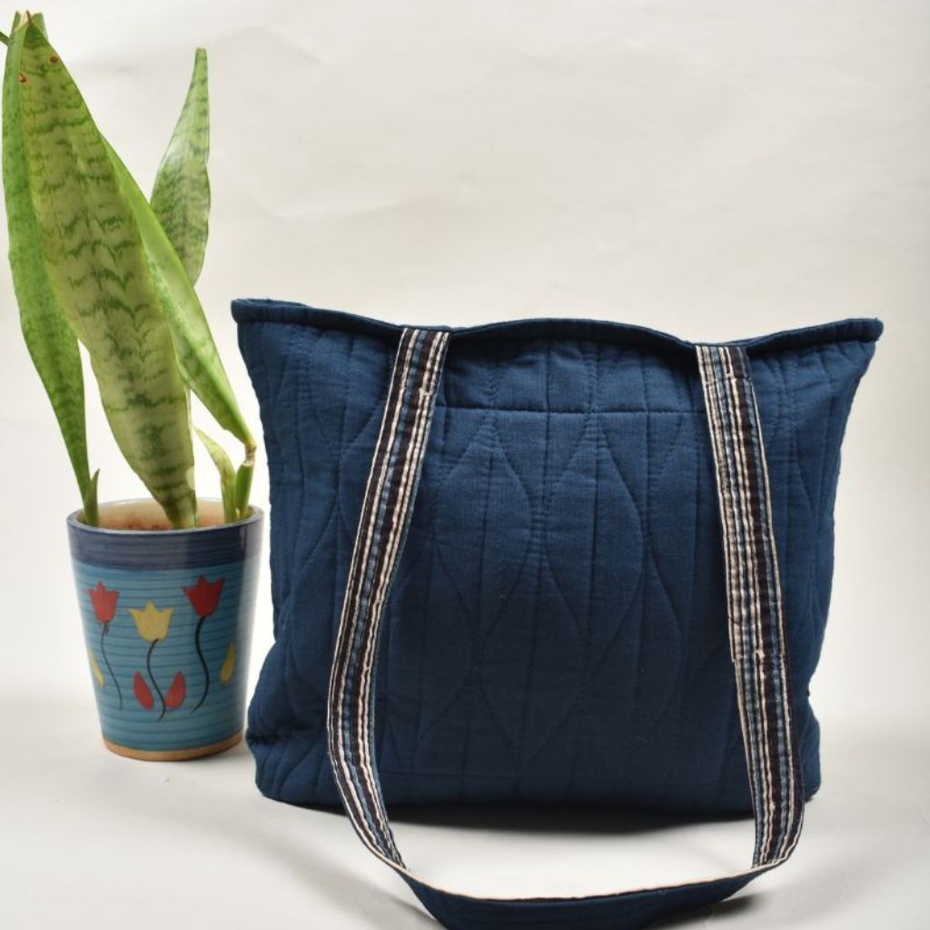 Indigo blue quilted flat bag