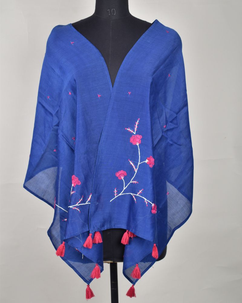 Indigo blue chanderi silk stole with hand embroidery