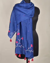 Indigo blue chanderi silk stole with hand embroidery