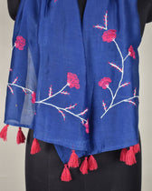 Indigo blue chanderi silk stole with hand embroidery