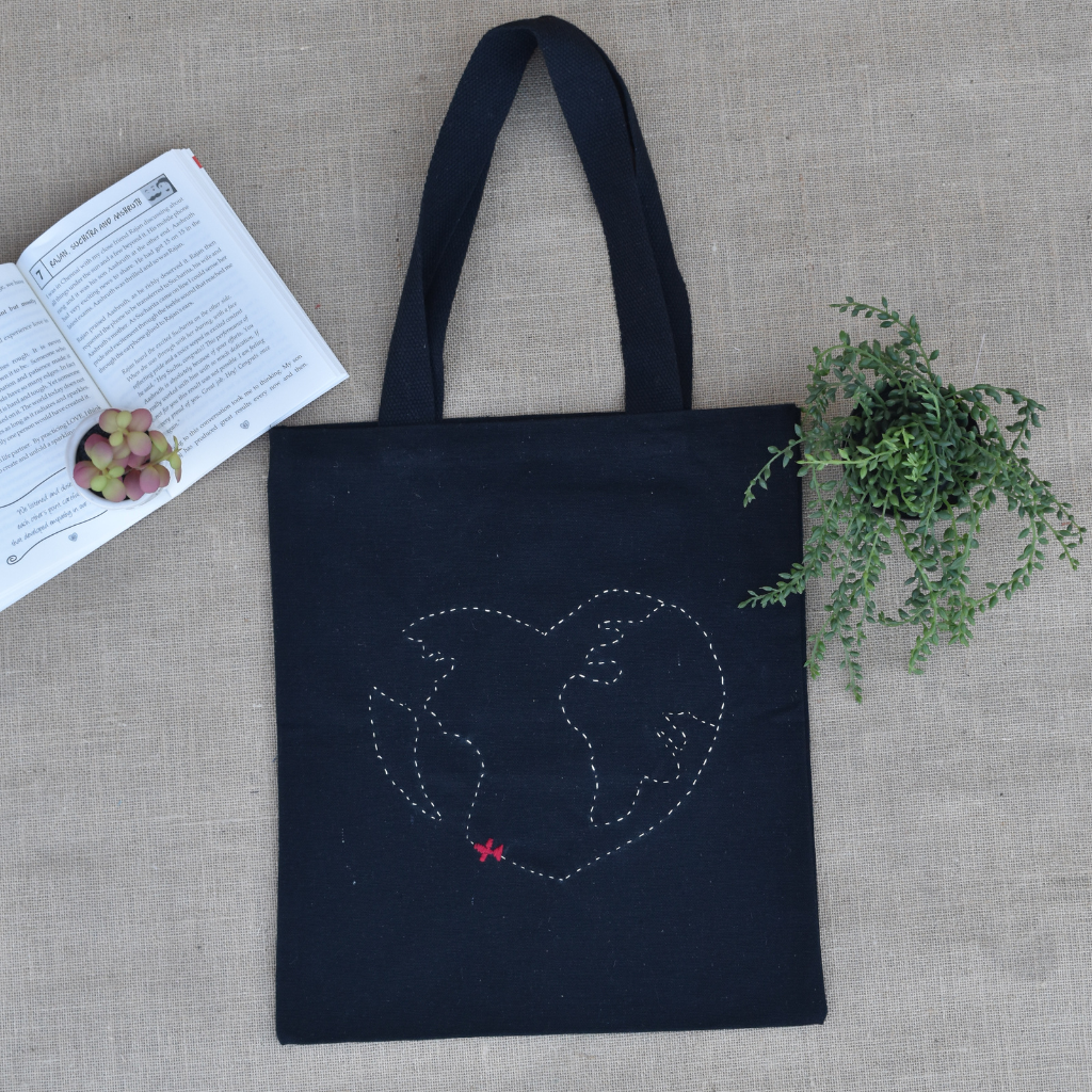Black canvas tote bag with map design embroidery