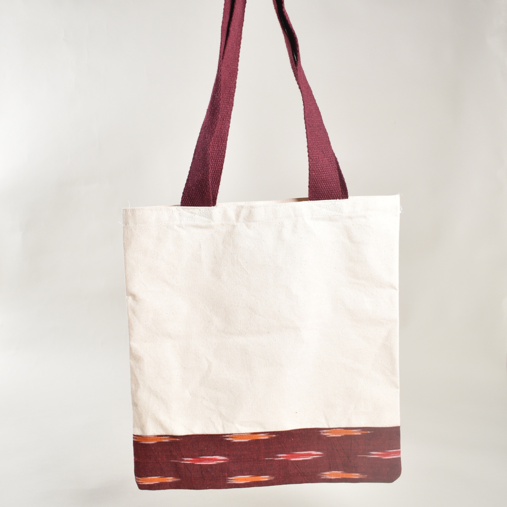 Canvas tote bag with maroon ikat border