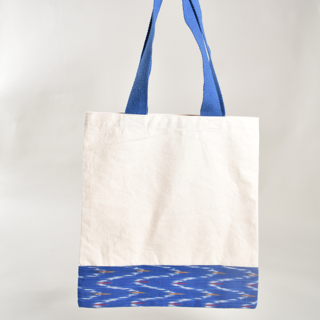 Canvas tote bag with blue ikat border