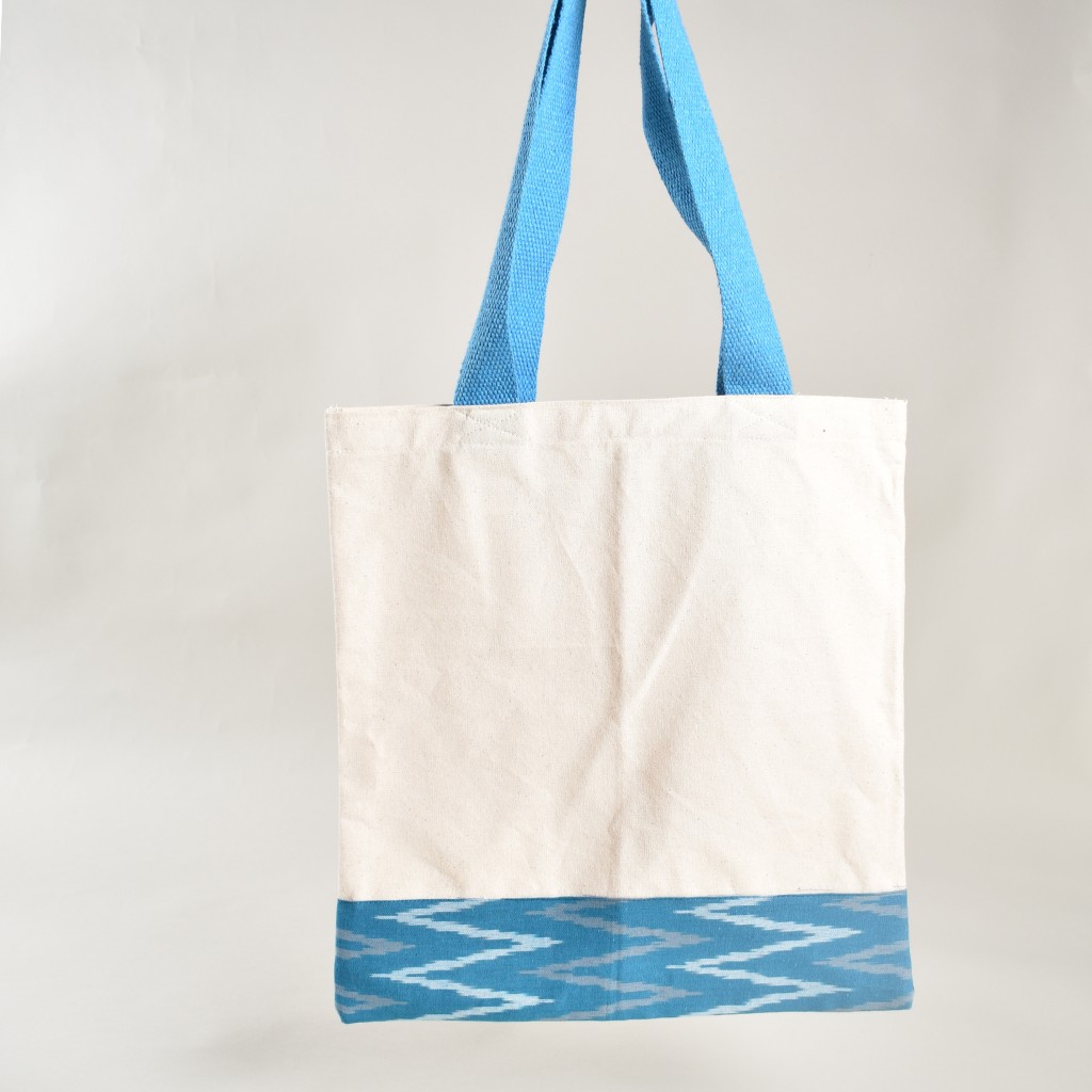 Canvas tote bag with sky blue ikat border