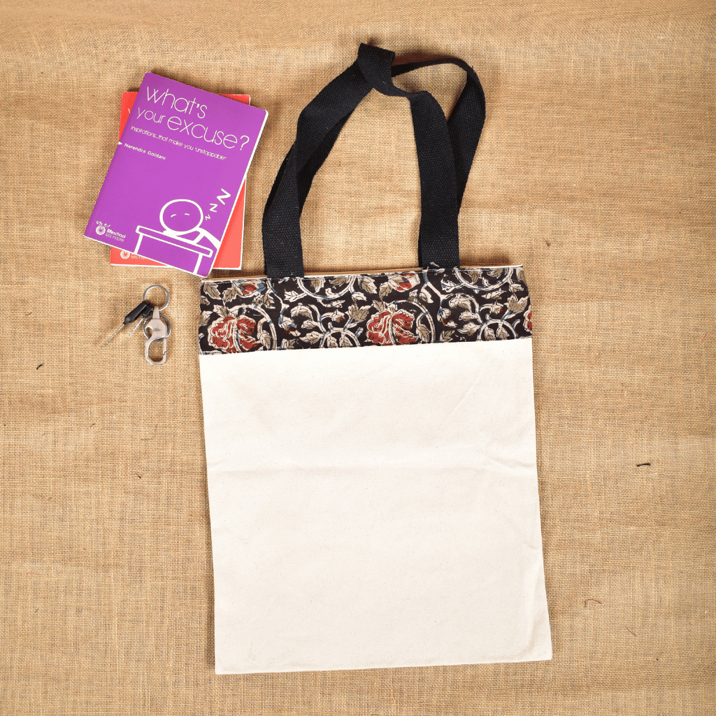 Canvas tote bag with black kalamkari border