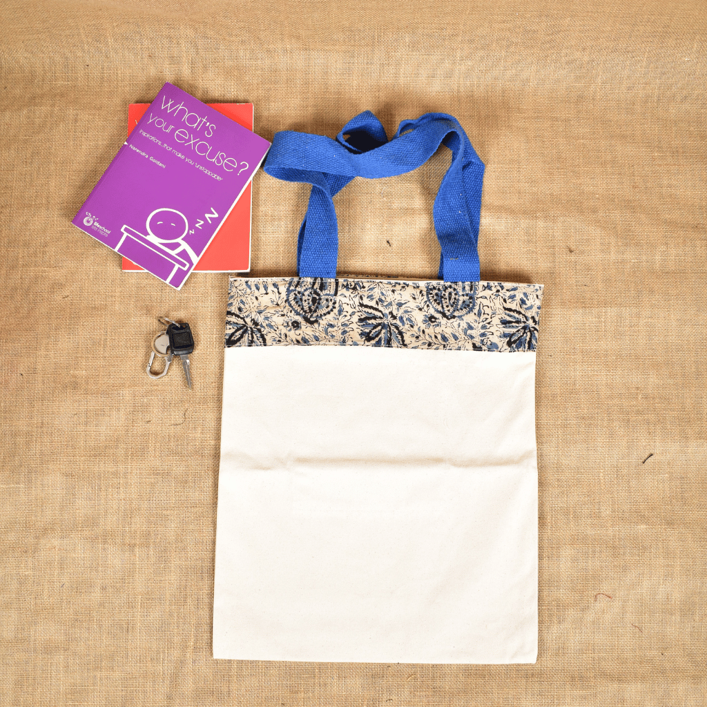 Canvas tote bag with blue kalamkari border