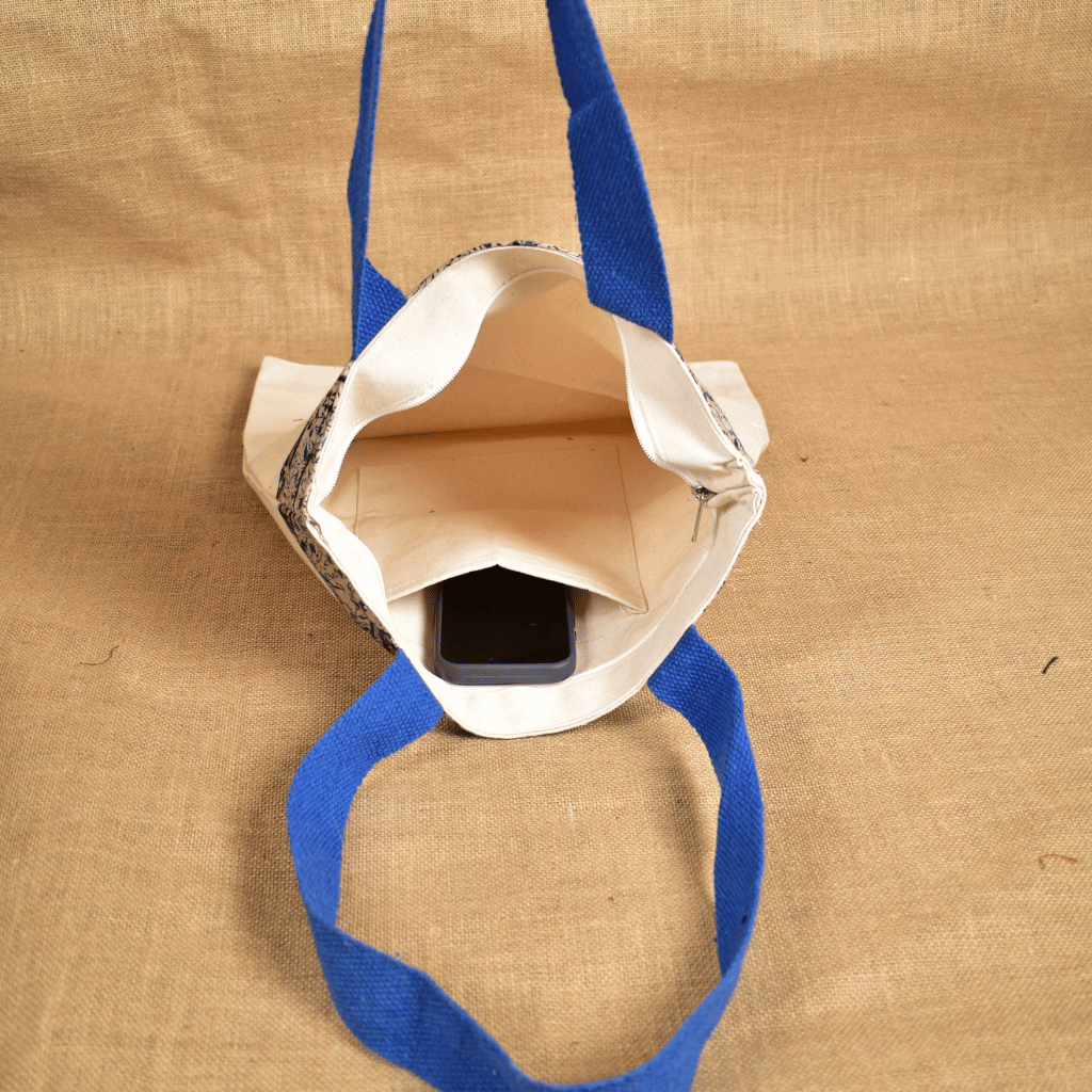 Canvas tote bag with blue kalamkari border - Inside