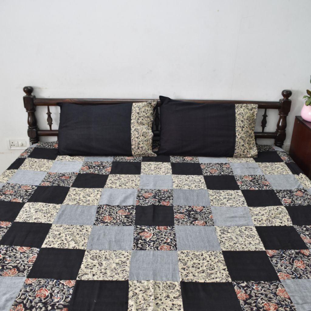 Kalamkari patchwork reversible double bedcover in black and white