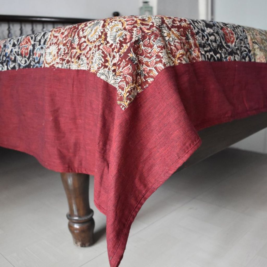 Kalamkari patchwork reversible double bedcover with kantha work