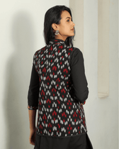 Reversible Nehru collar quilted jacket in black ikat - back