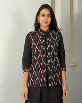 Reversible Nehru collar quilted jacket in black ikat - front