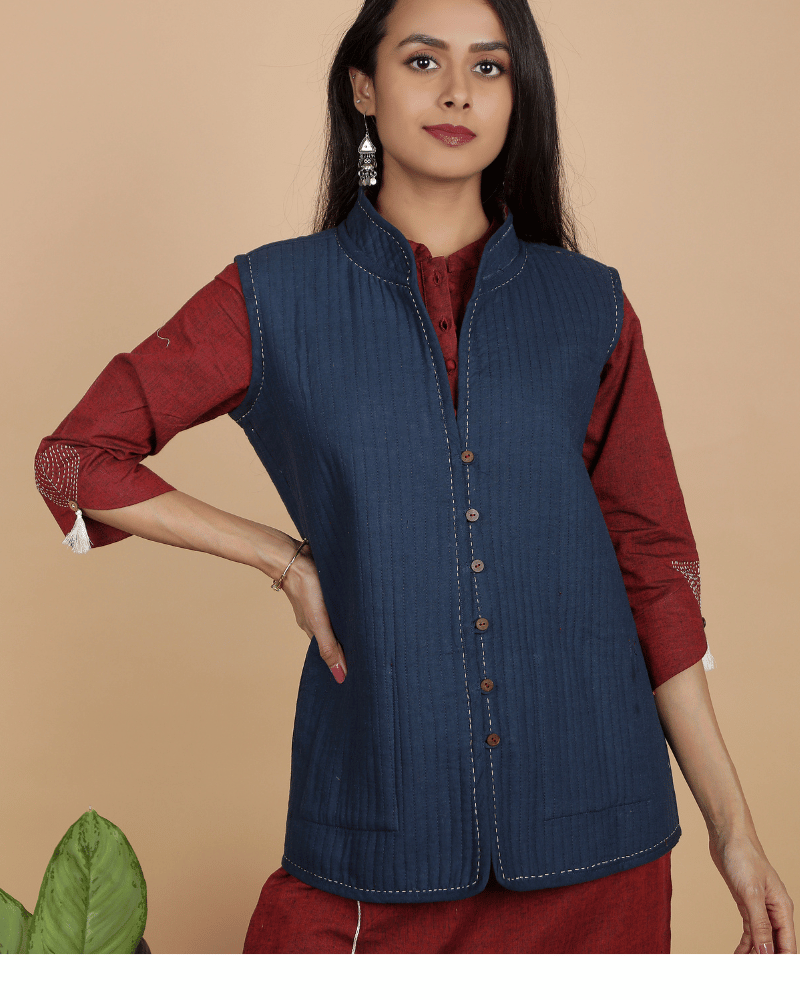 Reversible quilted jacket in blue & red kalamkari -blue