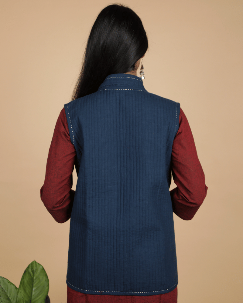 Reversible quilted jacket in blue & red kalamkari - blue back